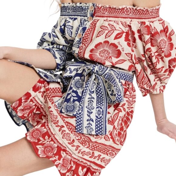 Farm Rio Mixed Pineapple Garden Off Shoulder Mini Dress S Pockets Puff Sleeves - Picture 5 of 16